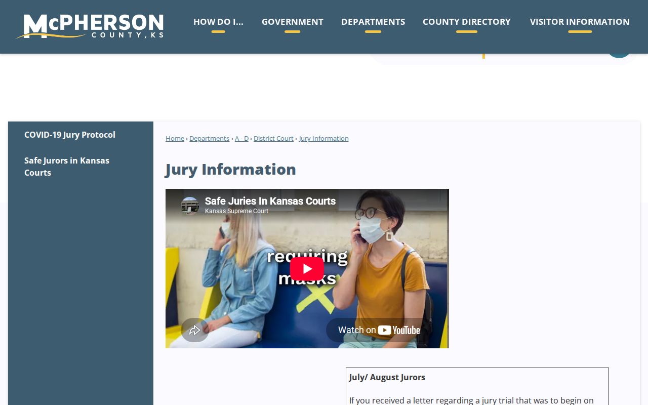 McPherson County court calendar jury reporting information