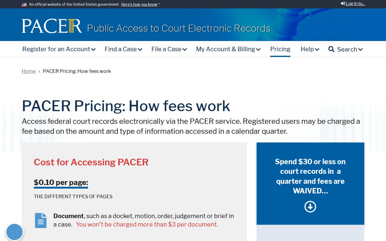 PACER pricing guidance for federal court records separate from McPherson County court records