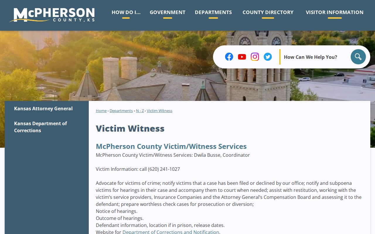 McPherson County criminal docket Victim Witness service page