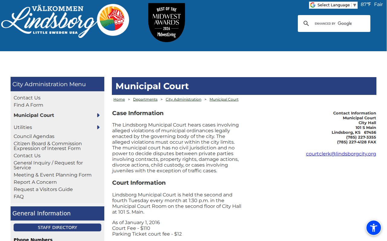 Lindsborg court docket Municipal Court schedule and contact details