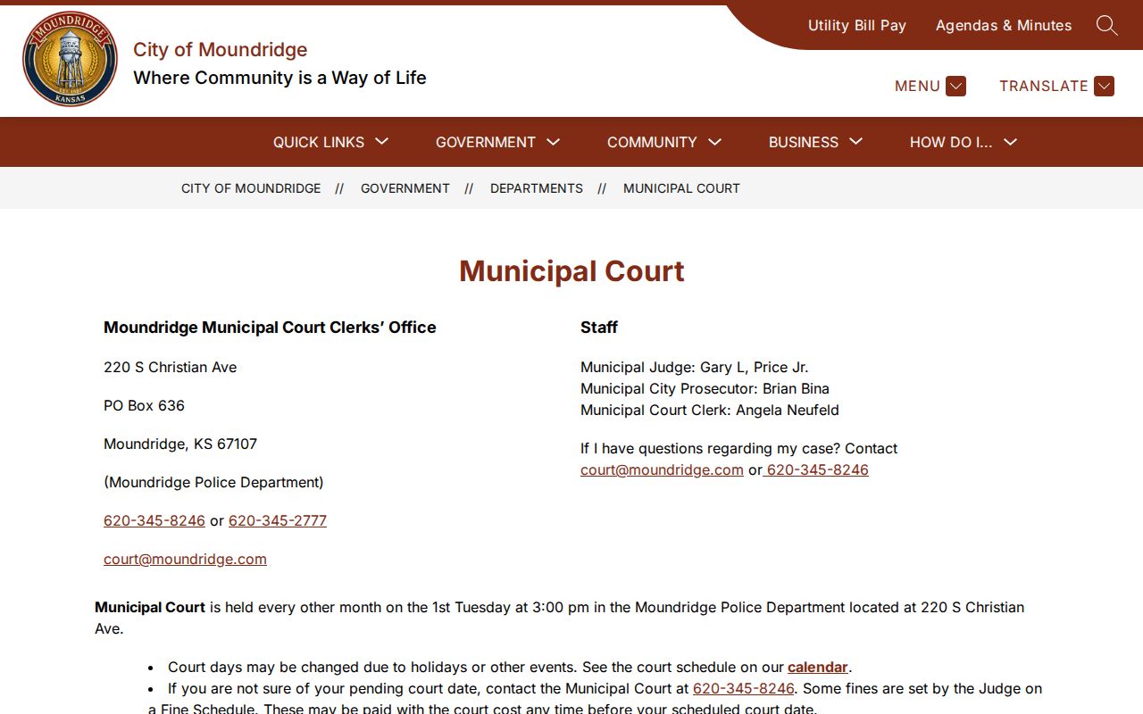 Moundridge court docket Municipal Court contact page