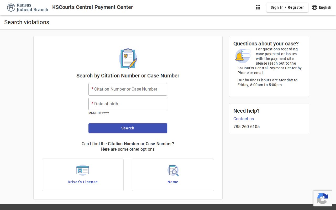 Kansas Central Payment Center citation search fields for McPherson County traffic cases